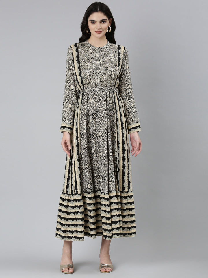 Neerus Grey floral printed straight dress - front view