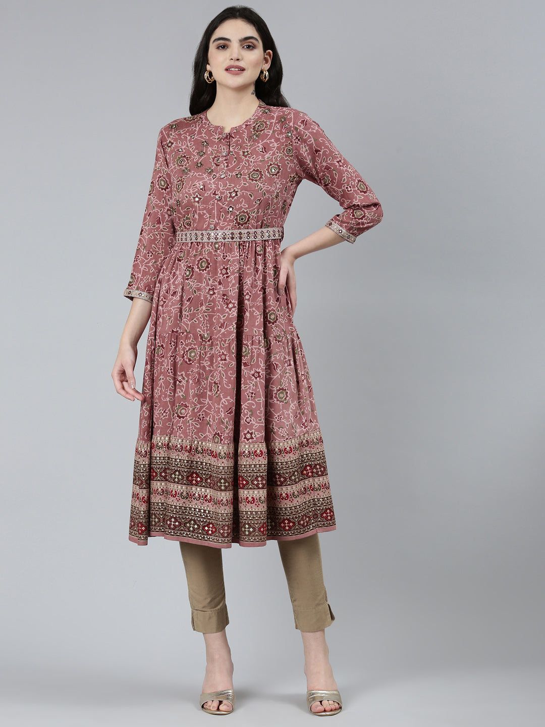 Neerus Pink printed floral straight kurti - front view