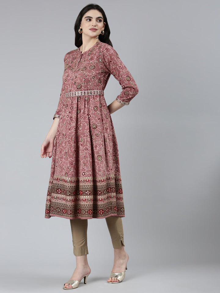 Neerus Pink printed floral straight kurti - back view