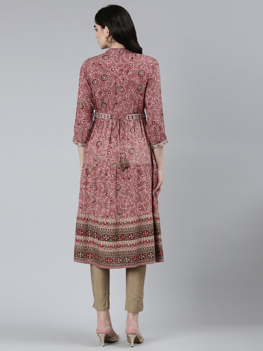 Neerus Pink printed floral straight kurti - side view