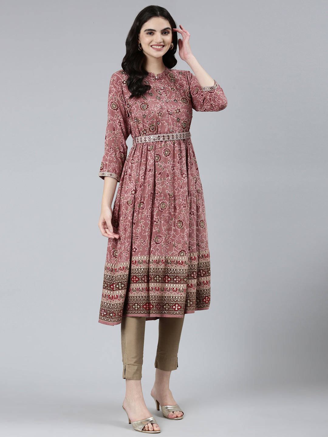 Neerus Pink printed floral straight kurti - detail view 2