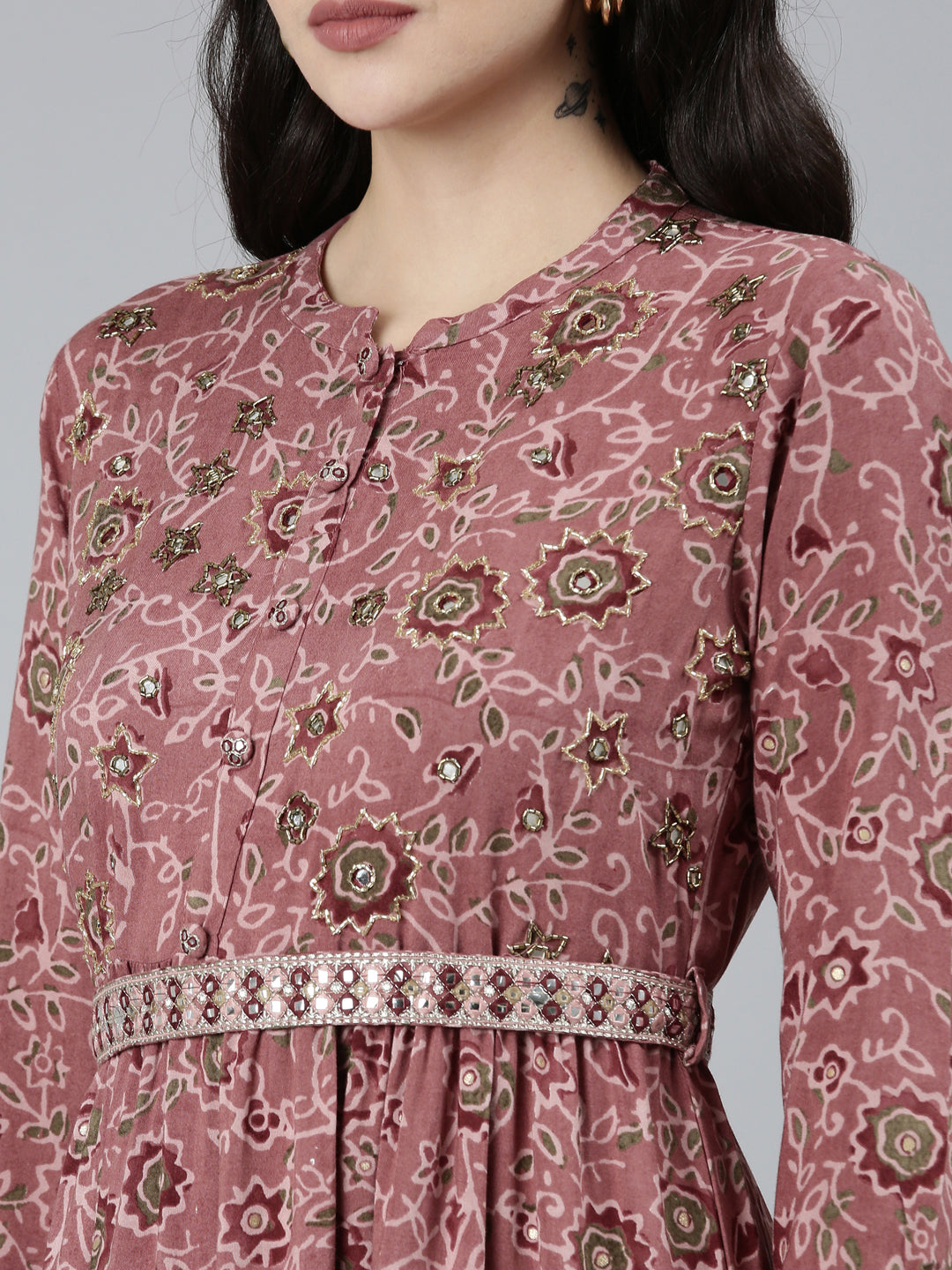 Neerus Pink printed floral straight kurti - detail view 1