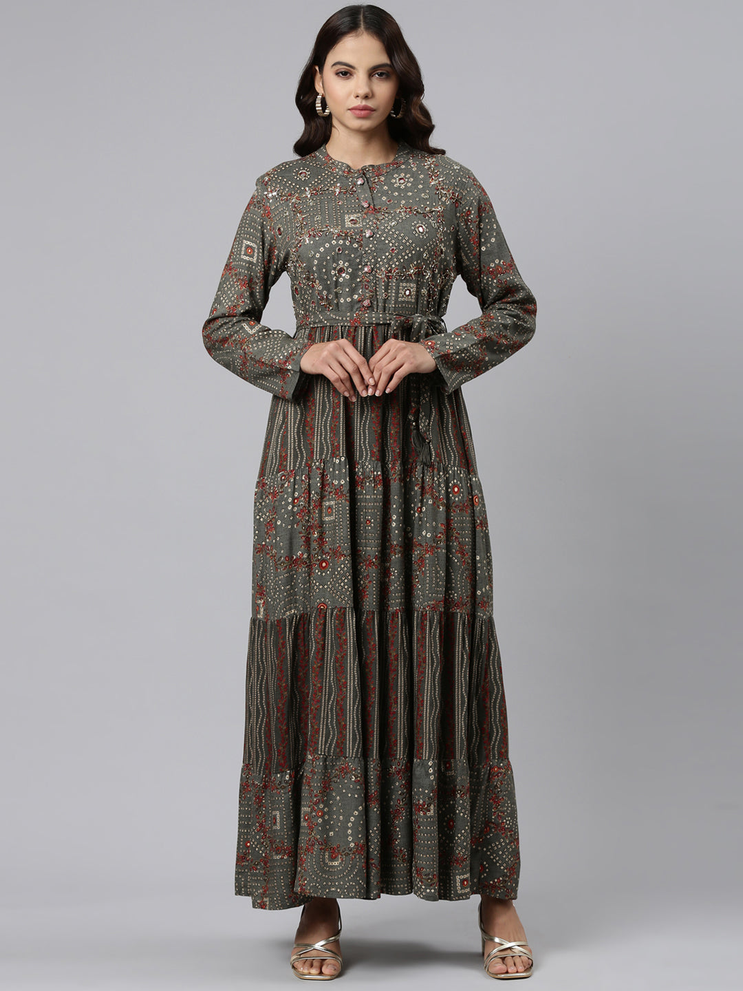 Neerus Grey printed maxi dress - front view
