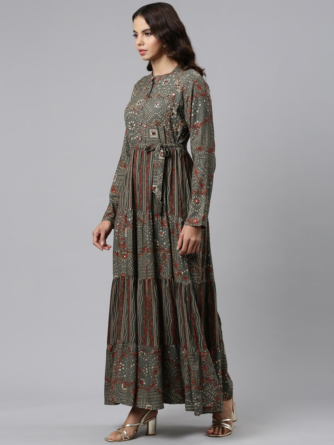 Neerus Grey printed maxi dress - back view