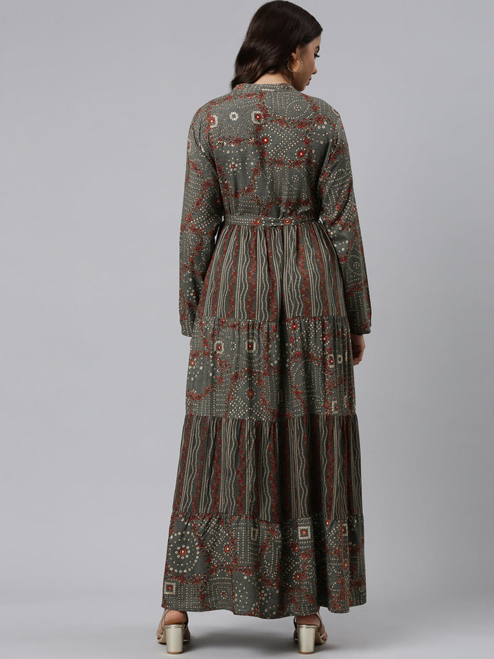 Neerus Grey printed maxi dress - side view