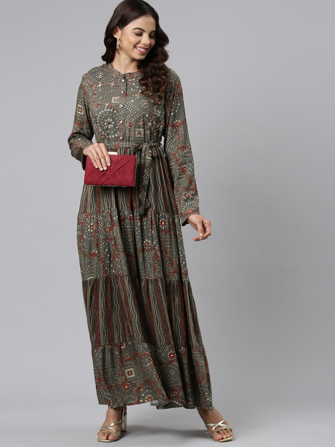 Neerus Grey printed maxi dress - detail view 2