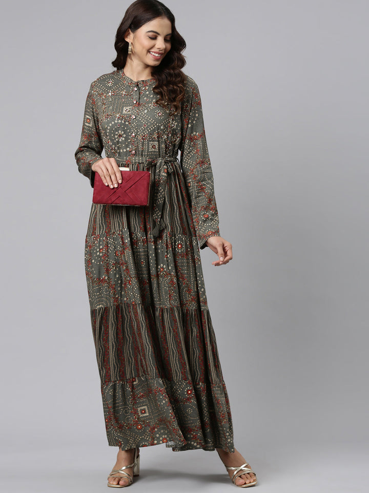 Neerus Grey printed maxi dress - detail view 2