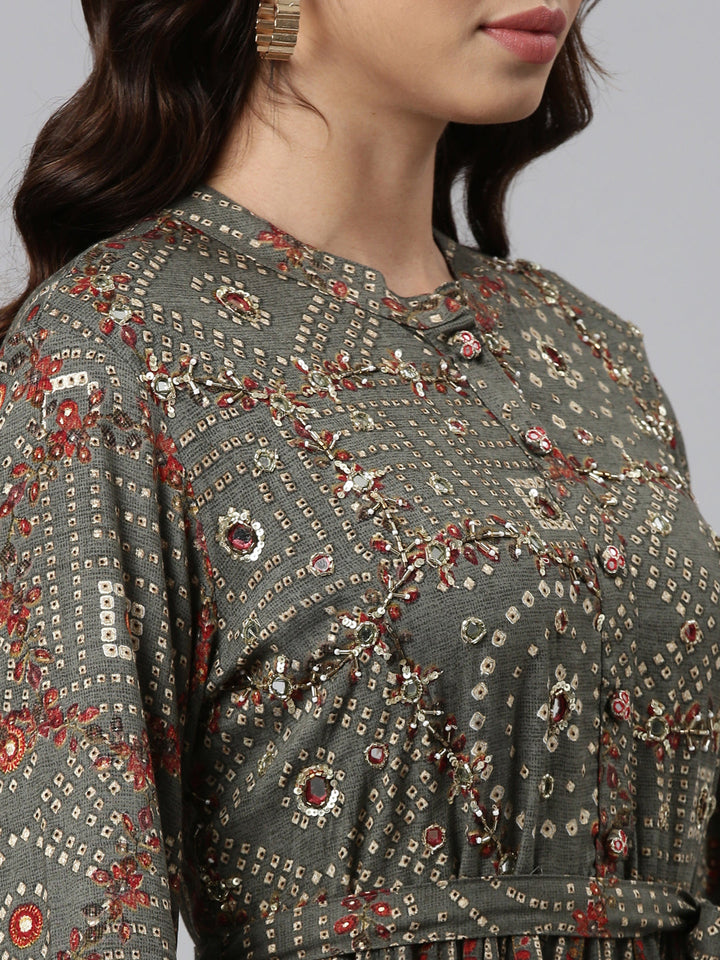 Neerus Grey printed maxi dress - detail view 1