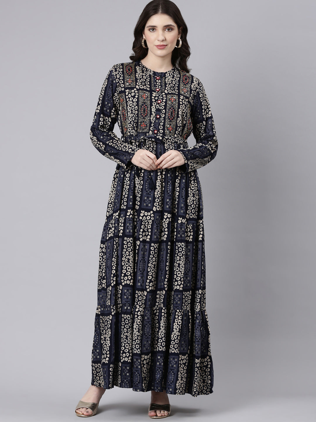Neerus Blue printed maxi dress straight silhouette - front view