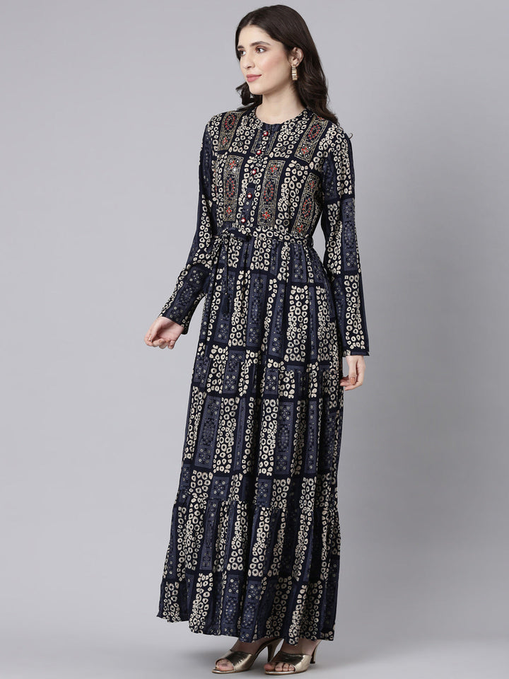 Neerus Blue printed maxi dress straight silhouette - back view