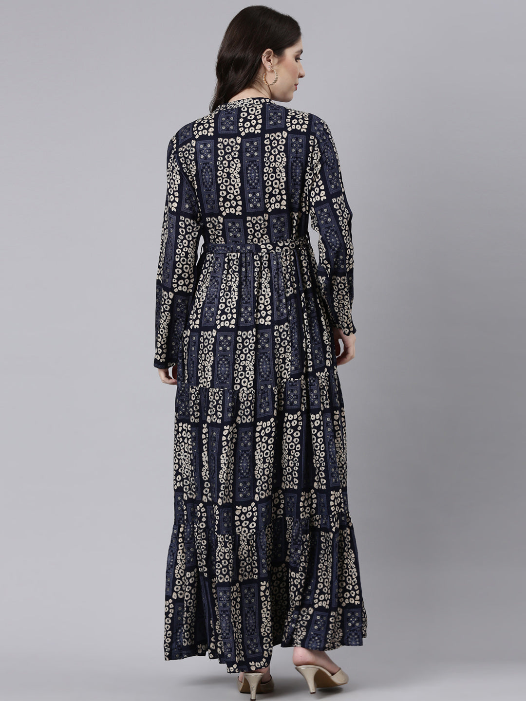Neerus Blue printed maxi dress straight silhouette - side view