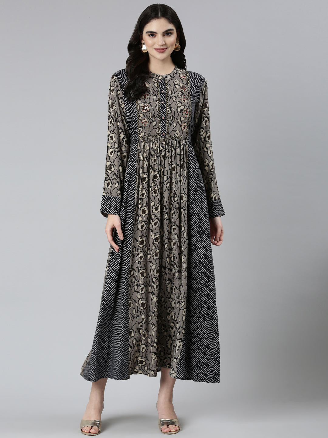 Neerus Grey printed floral straight dress - front view
