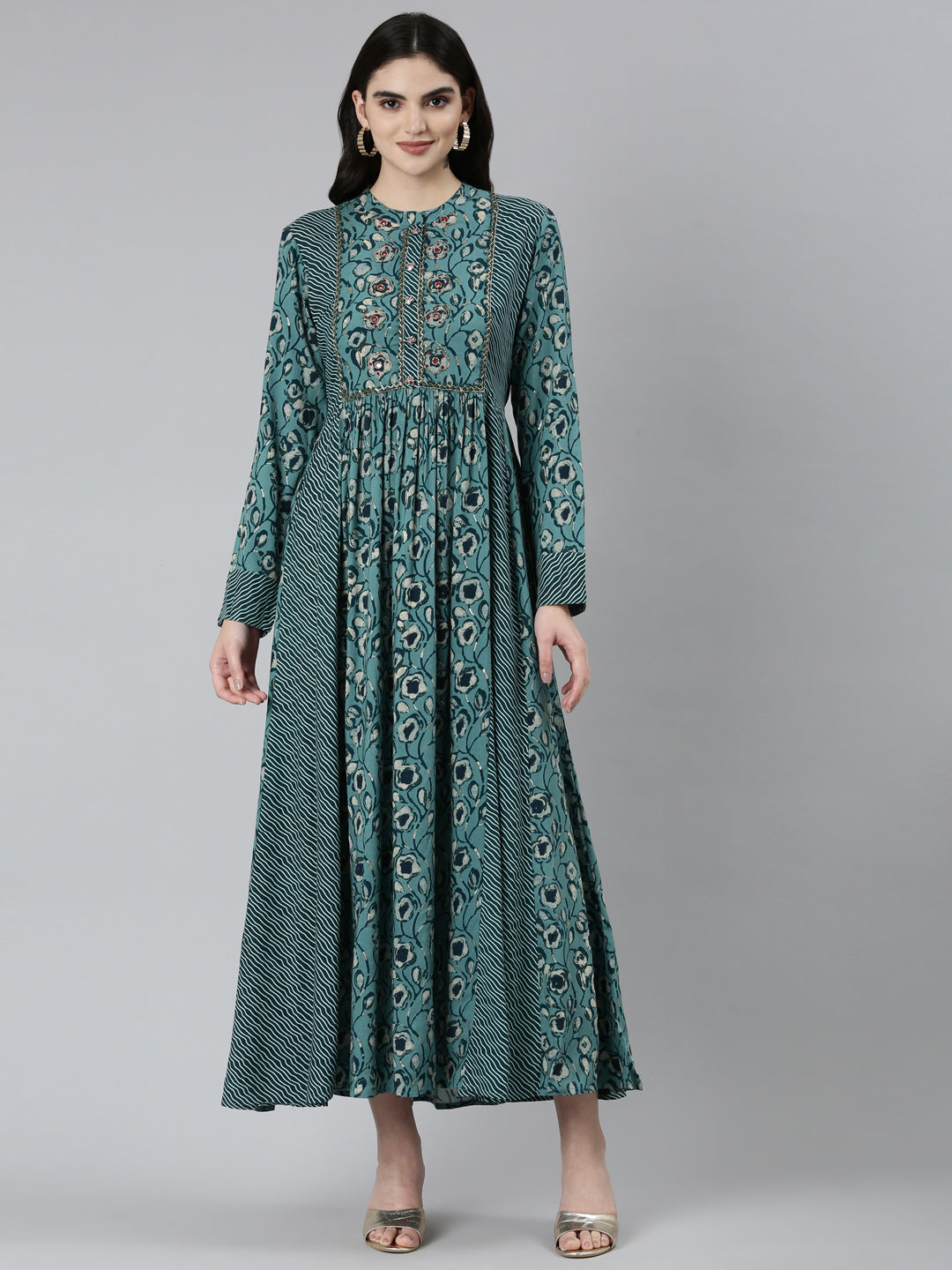 Neerus Green floral printed straight dress - front view