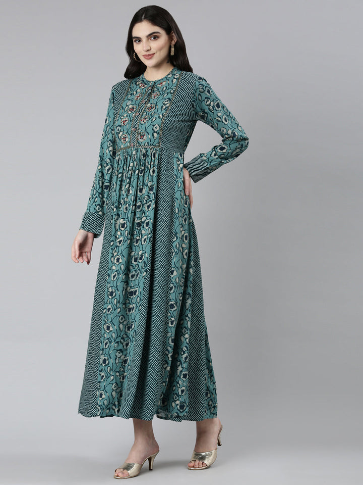 Neerus Green floral printed straight dress - back view