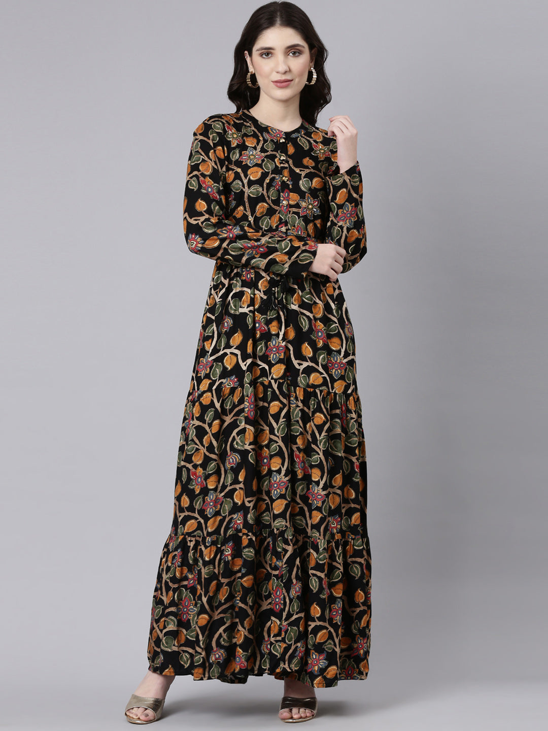 Neerus Blue Rayon Printed Straight Dress - front view