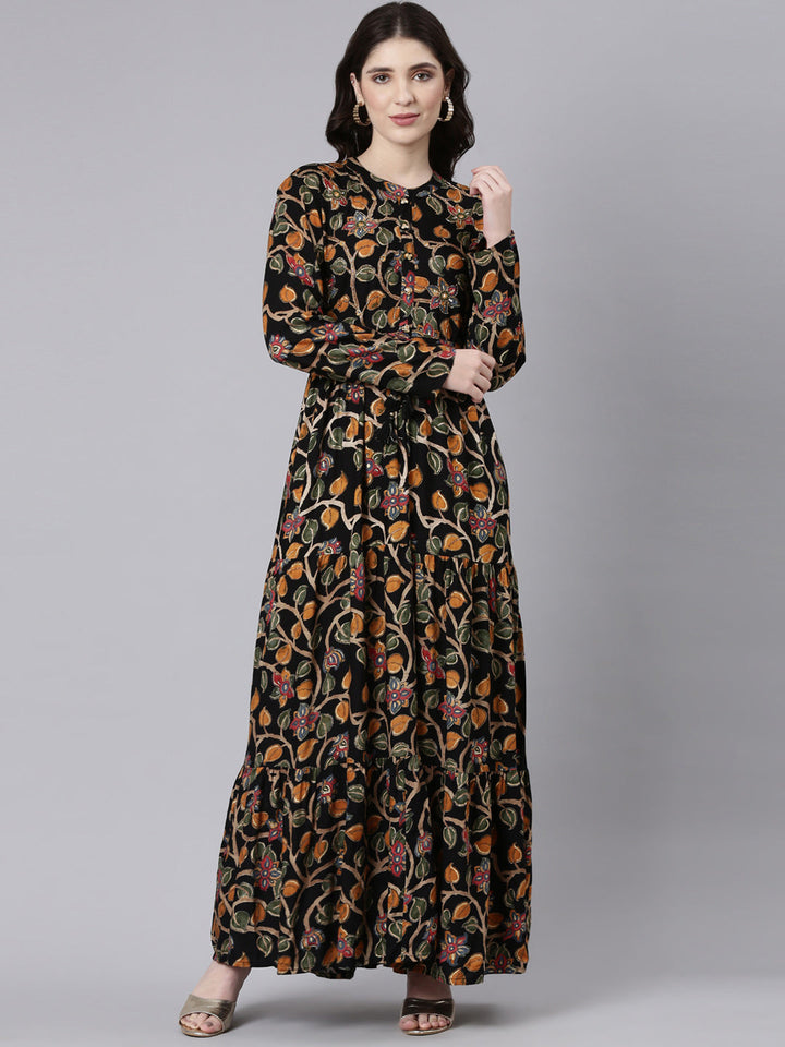 Neerus Blue Rayon Printed Straight Dress - front view