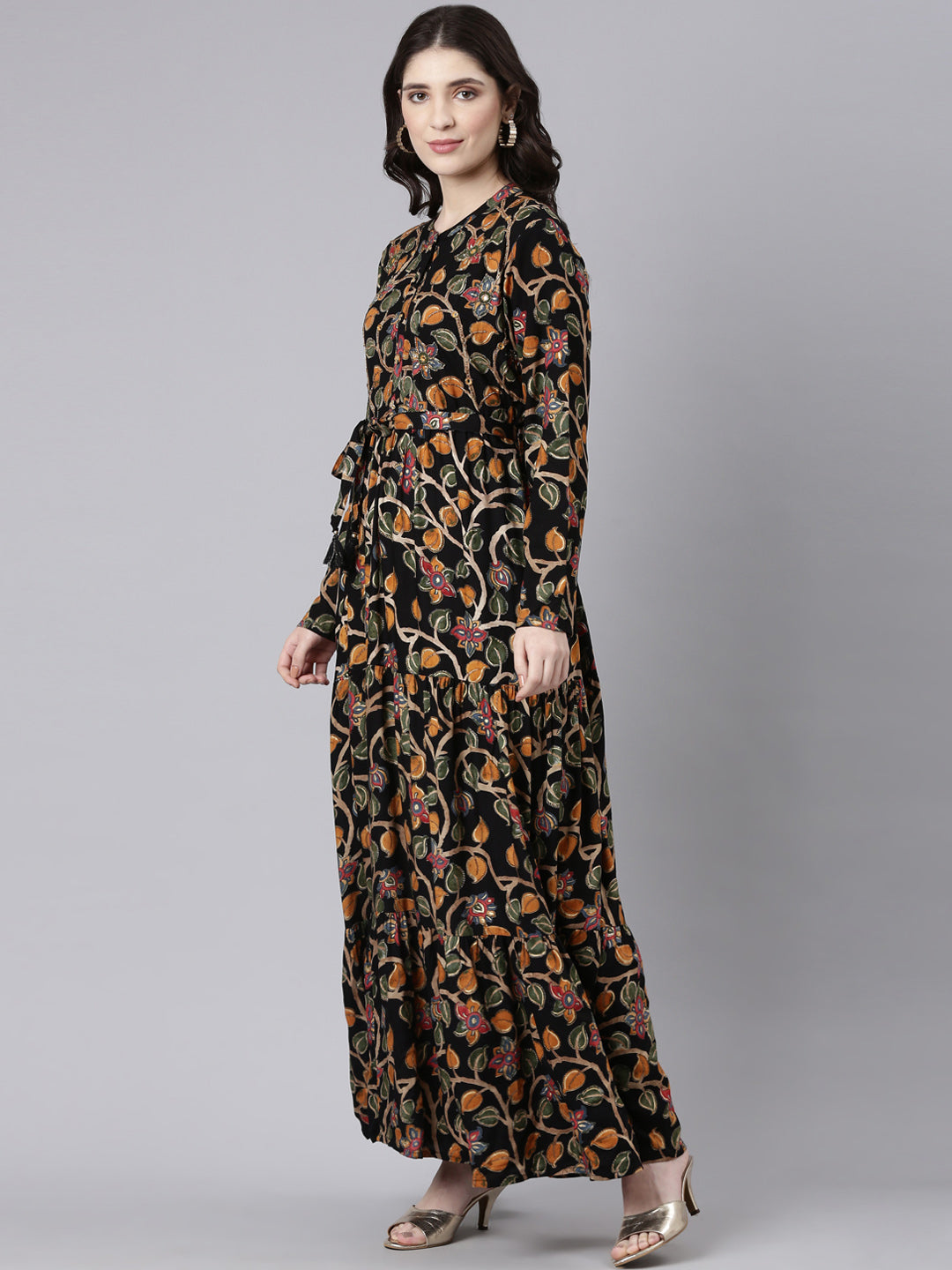 Neerus Blue Rayon Printed Straight Dress - back view