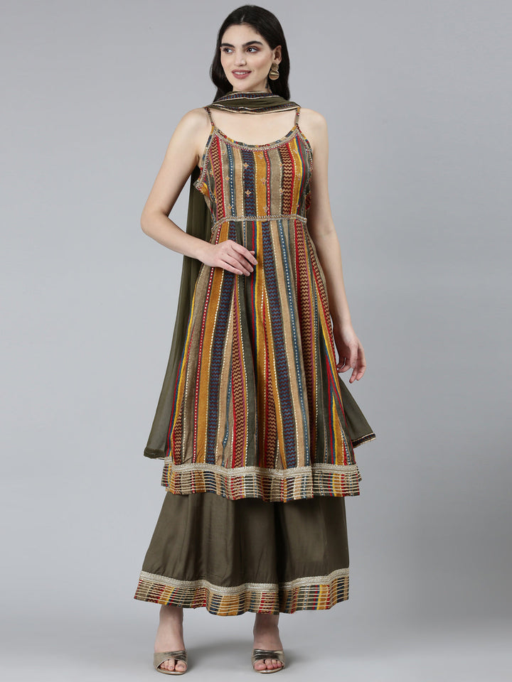 Neerus Green printed chevron kurta set with palazzo and dupatta - front view
