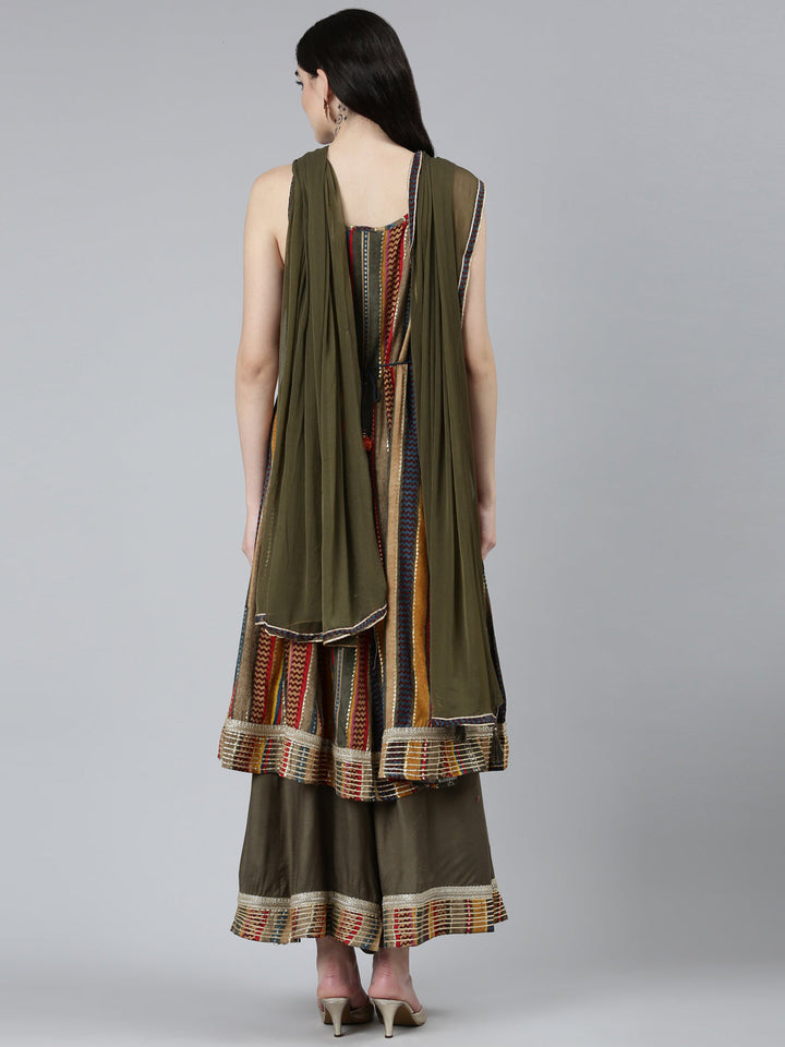 Neerus Green printed chevron kurta set with palazzo and dupatta - side view