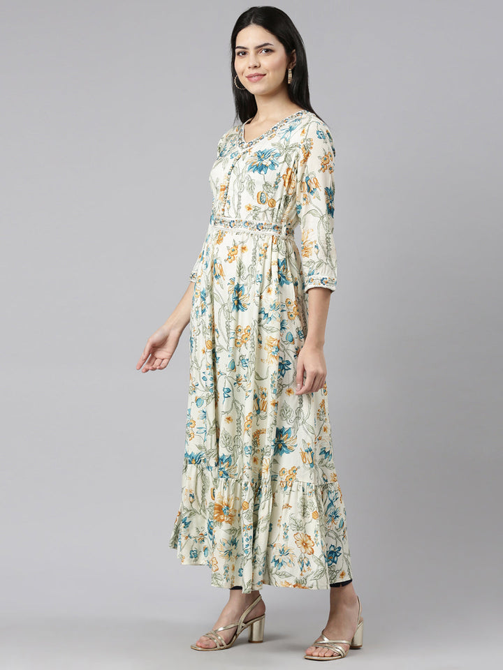 Neerus Beige printed maxi dress - back view