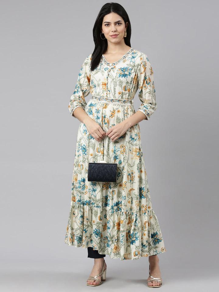 Neerus Beige printed maxi dress - detail view 2