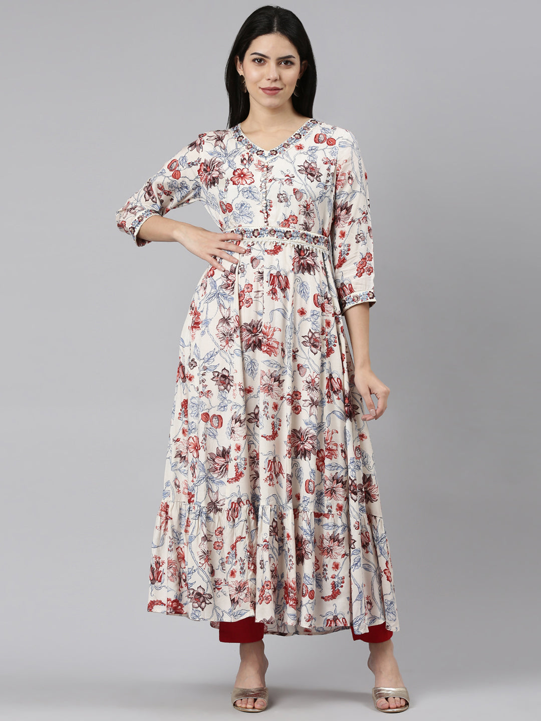 Neerus White Shantoon printed maxi dress - front view