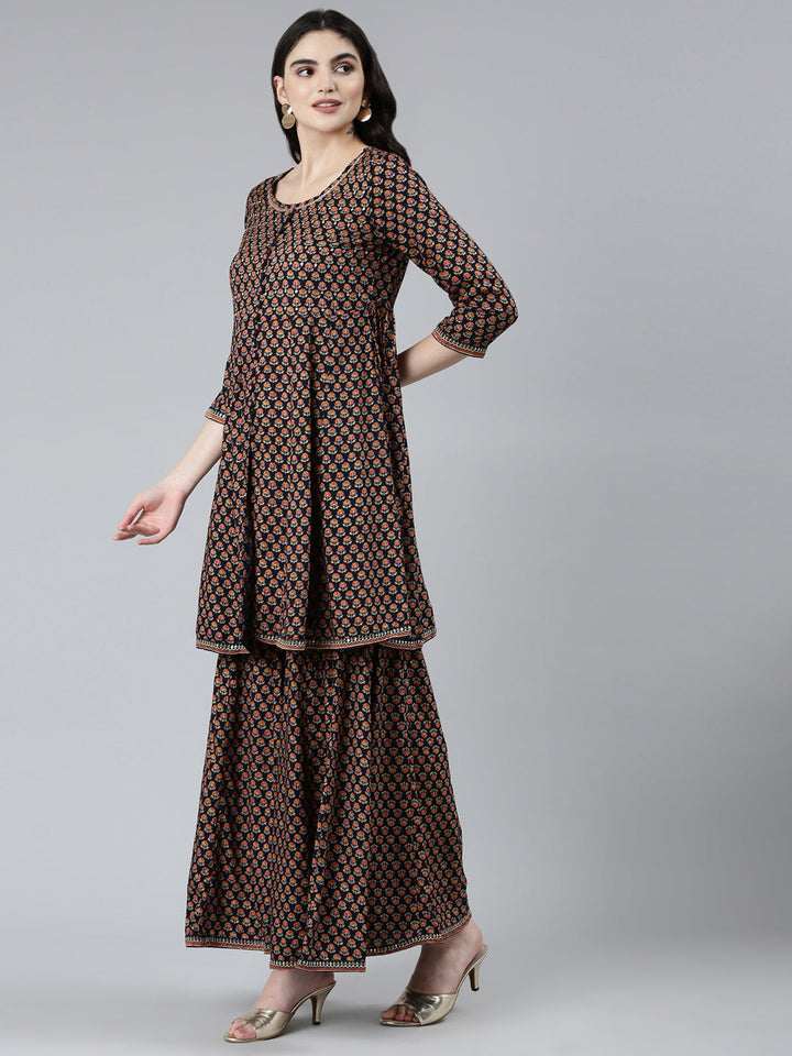 Neerus Blue floral printed kurta set with sharara and dupatta - back view