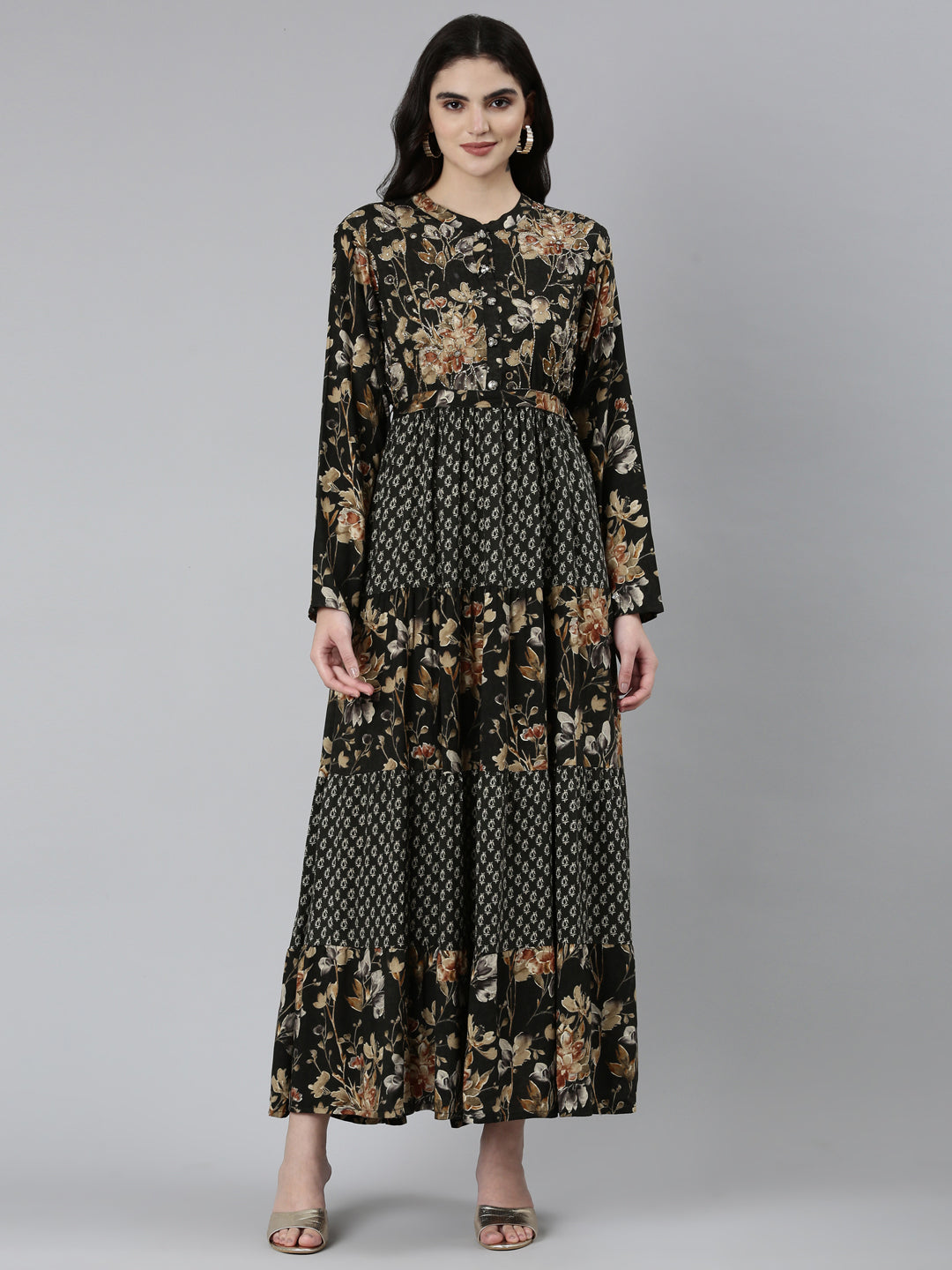 Neerus Black floral printed straight dress - front view