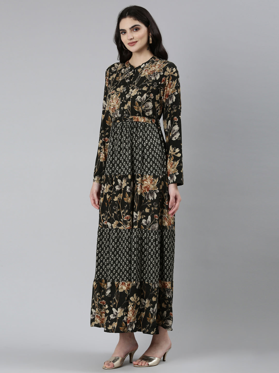 Neerus Black floral printed straight dress - back view