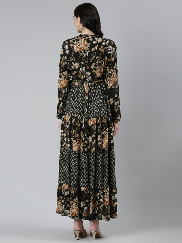 Neerus Black floral printed straight dress - side view