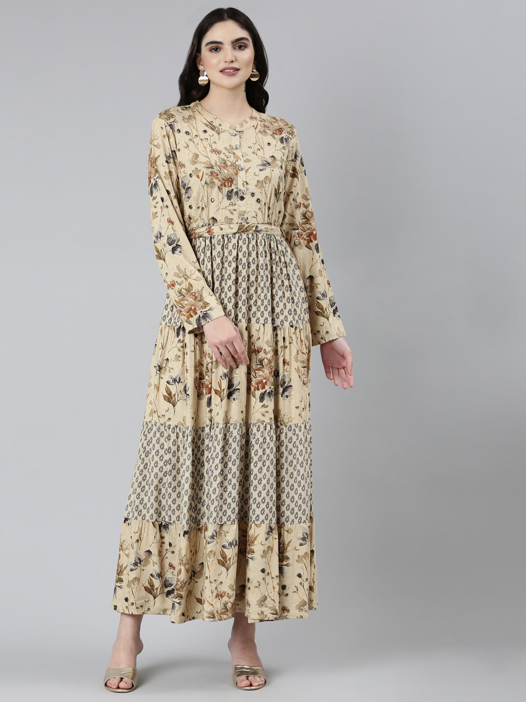 Neerus Beige floral printed straight dress - front view