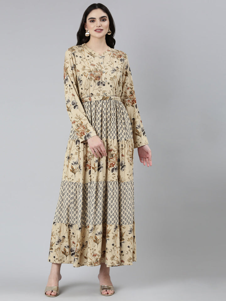 Neerus Beige floral printed straight dress - front view