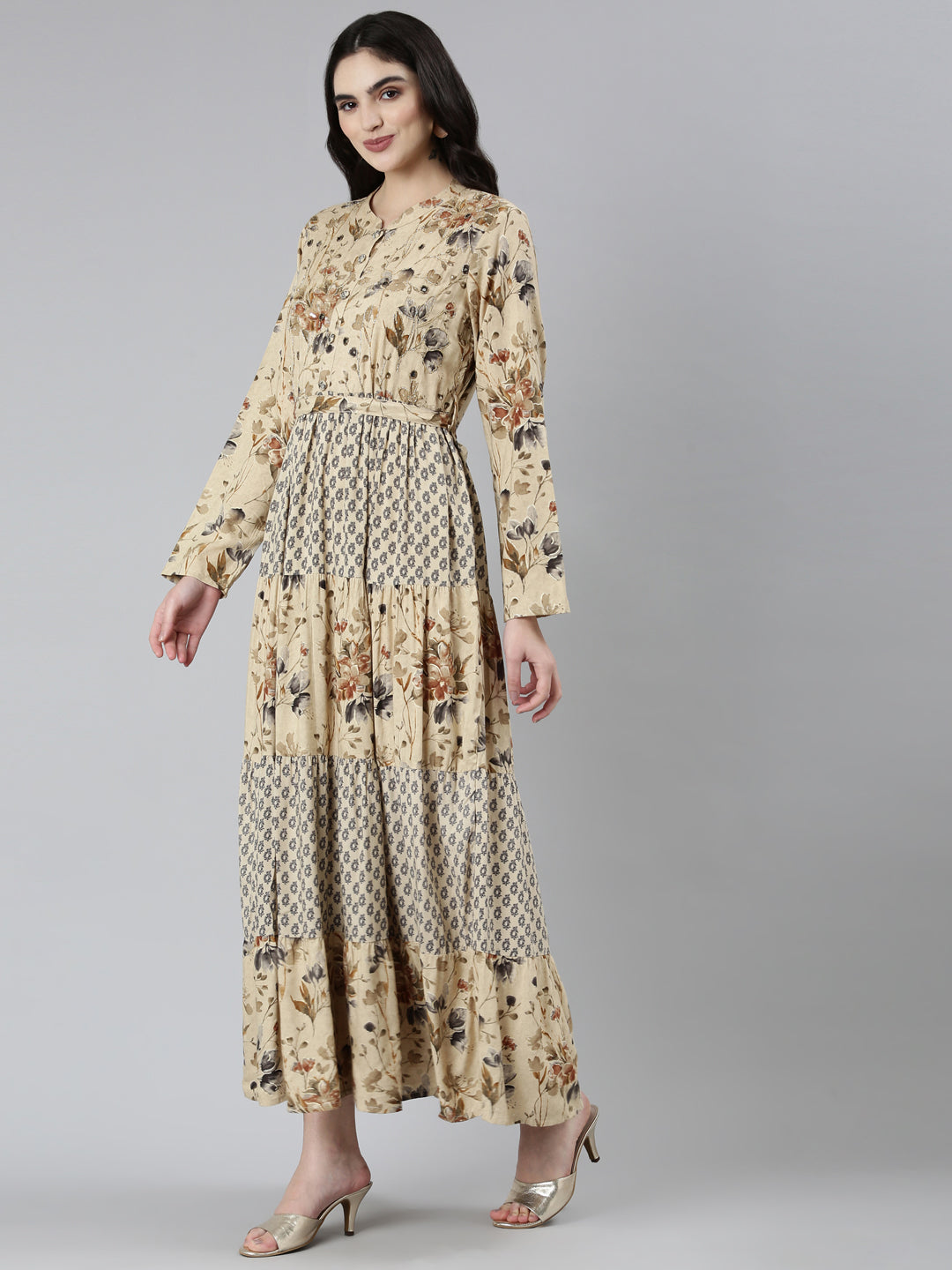 Neerus Beige floral printed straight dress - back view