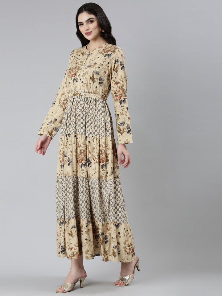 Neerus Beige floral printed straight dress - back view