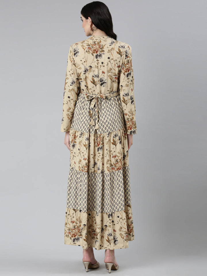 Neerus Beige floral printed straight dress - side view