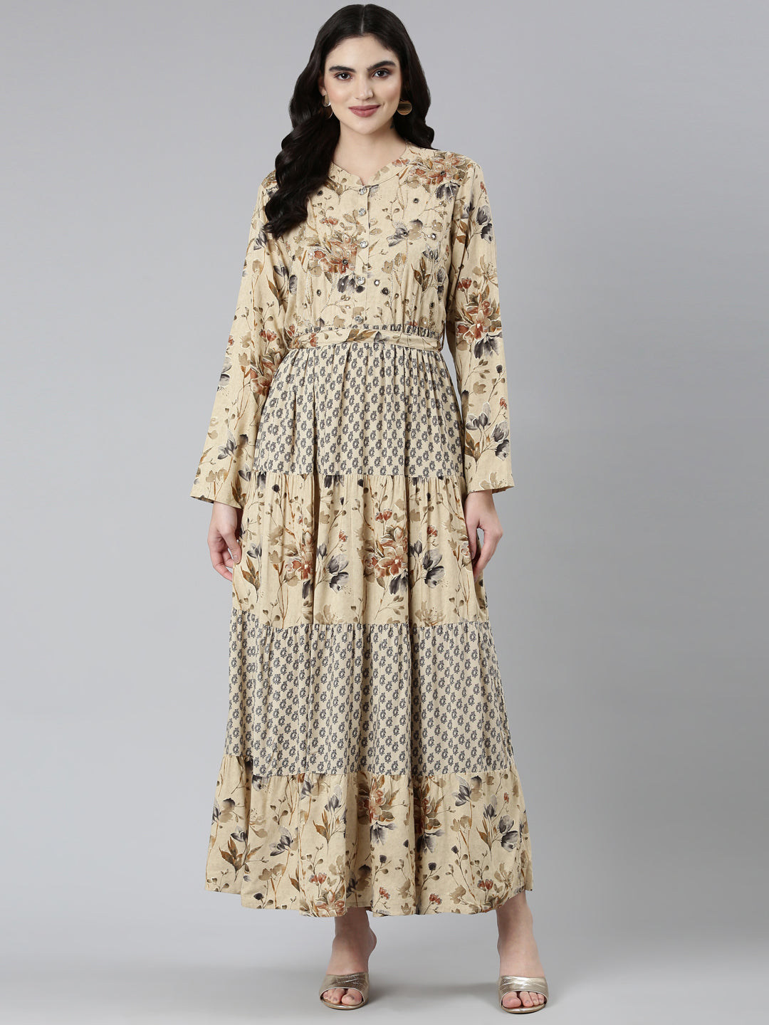 Neerus Beige floral printed straight dress - detail view 2