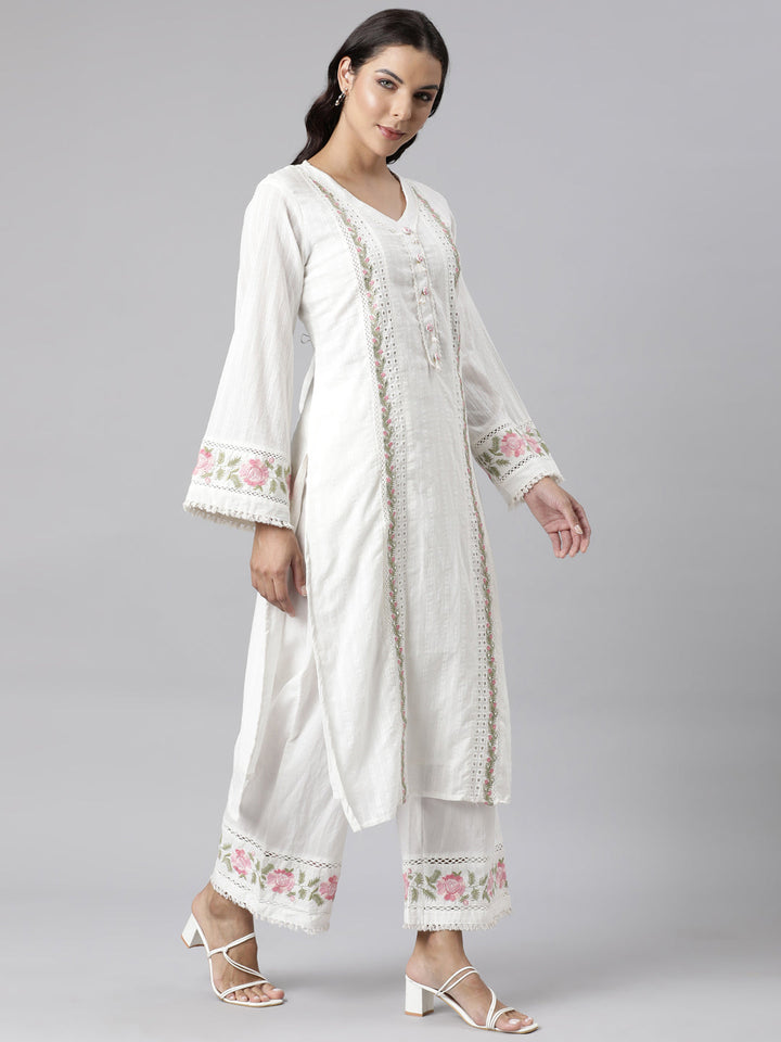 Neerus White Panelled Straight Yoke Design Kurta And Palazzos With Dupatta