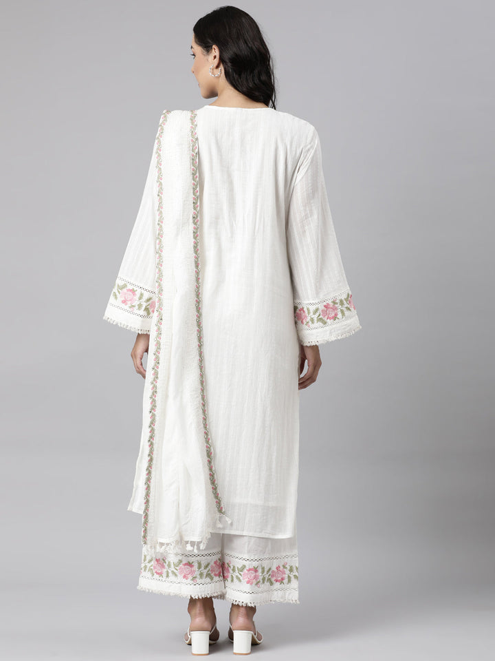 Neerus White Panelled Straight Yoke Design Kurta And Palazzos With Dupatta
