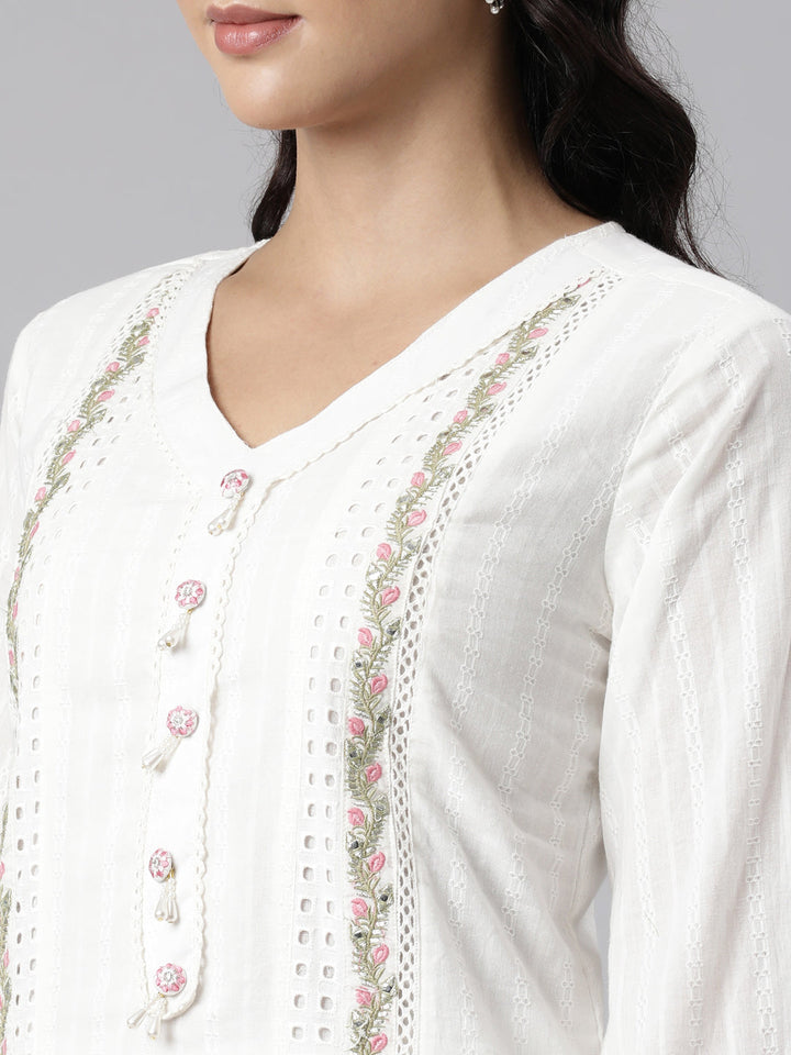 Neerus White Panelled Straight Yoke Design Kurta And Palazzos With Dupatta