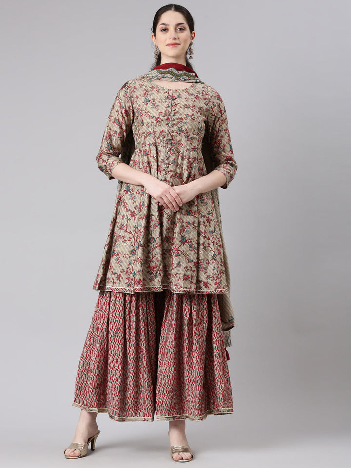 Neerus Maroon anarkali suit set with sharara and dupatta - front view