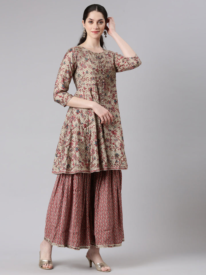 Neerus Maroon anarkali suit set with sharara and dupatta - back view