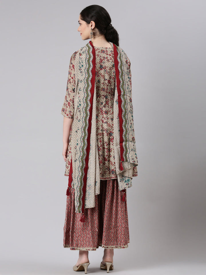 Neerus Maroon anarkali suit set with sharara and dupatta - side view