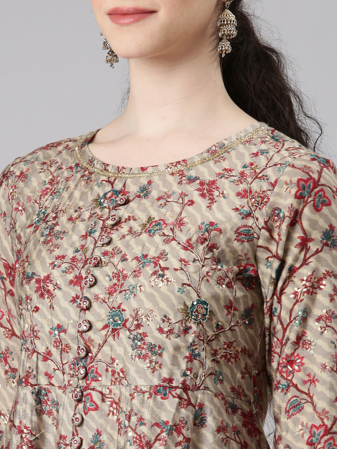 Neerus Maroon anarkali suit set with sharara and dupatta - detail view 1