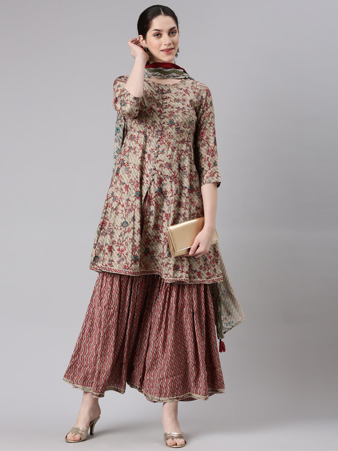Neerus Maroon anarkali suit set with sharara and dupatta - detail view 2