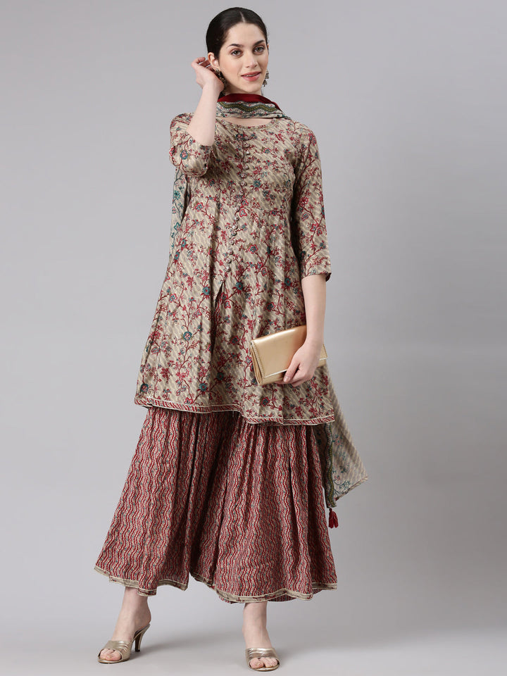 Neerus Maroon anarkali suit set with sharara and dupatta - detail view 2