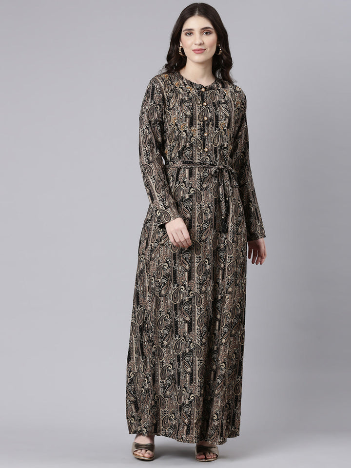Neerus Black rayon printed maxi dress - front view