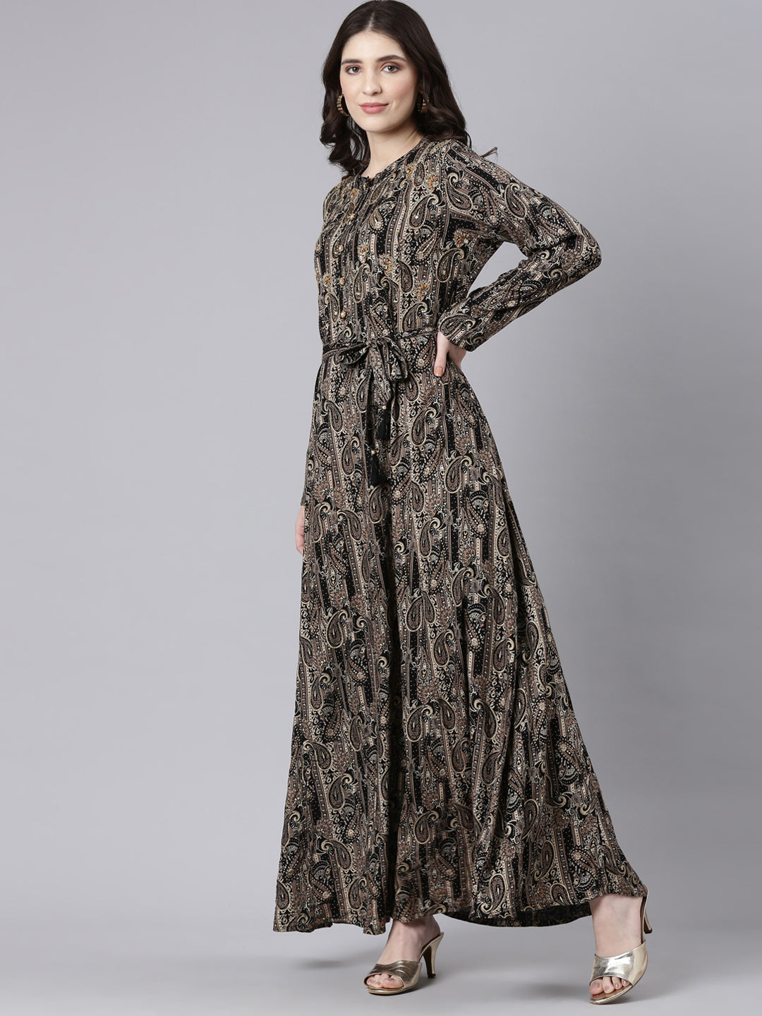 Neerus Black rayon printed maxi dress - back view