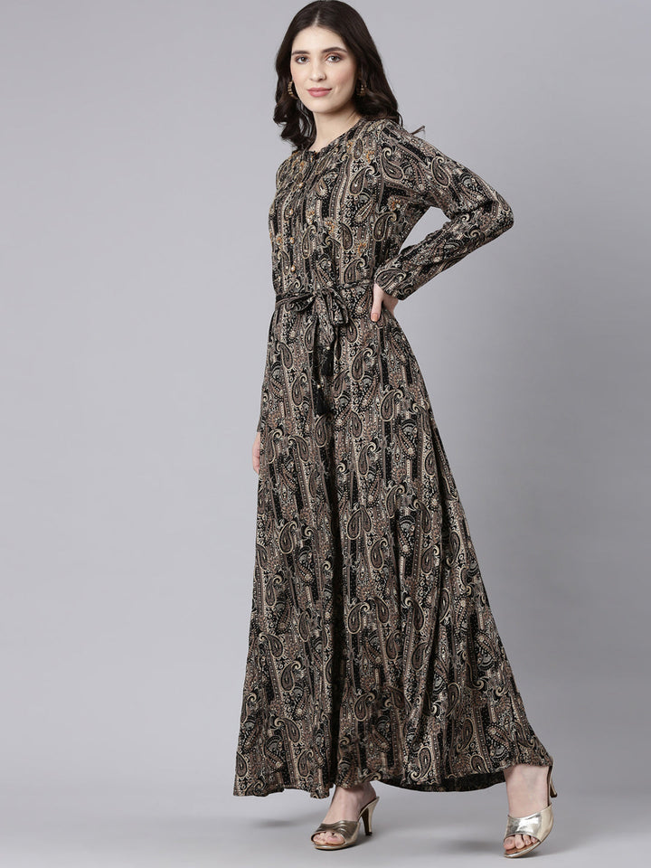 Neerus Black rayon printed maxi dress - back view