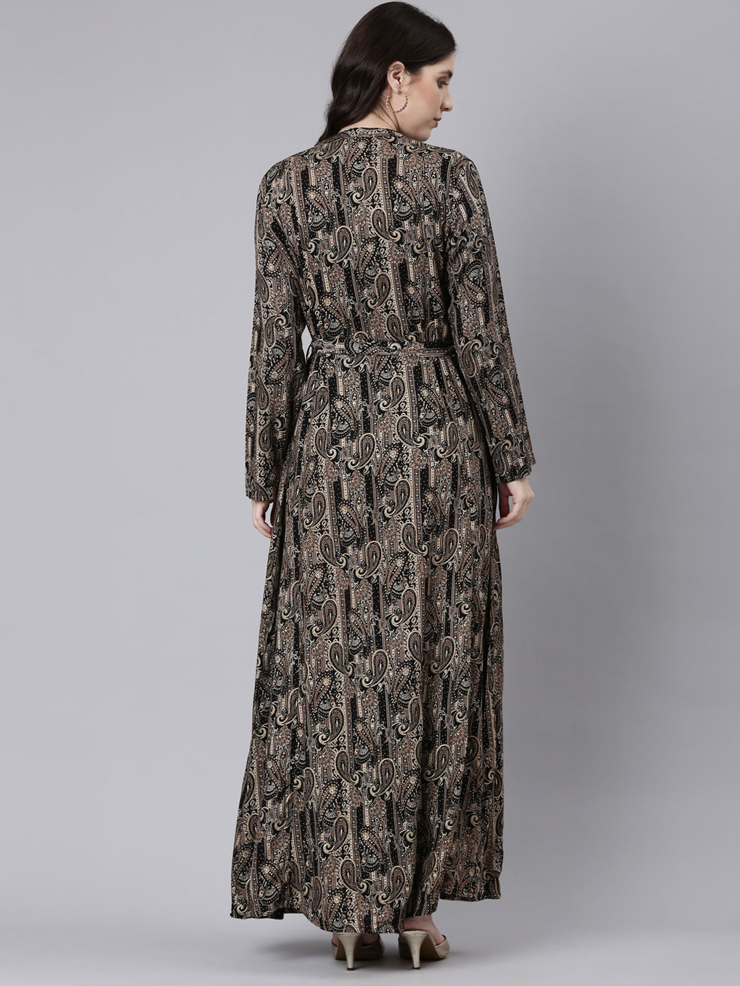 Neerus Black rayon printed maxi dress - side view