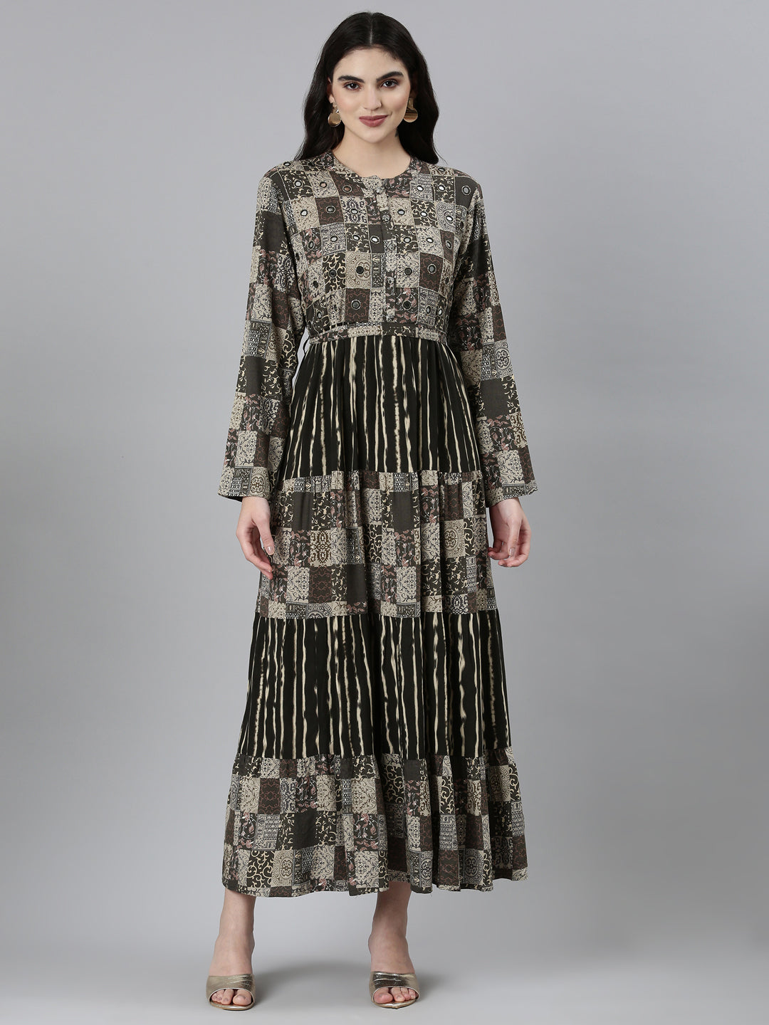 Neerus Green Printed Chevron Straight Dress - front view